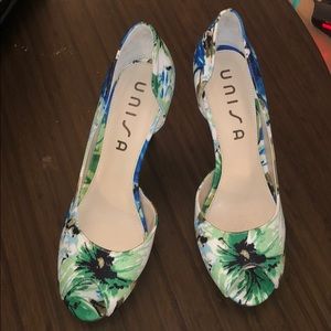 Unisa Green floral peep toe d’orsay heels
